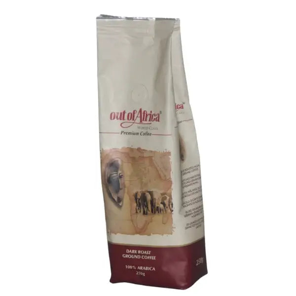 French press ground coffee in a dark roast from Out of Africa, offering Mt. Kenya coffee with bold flavor, rich aroma, full body, and a smooth balanced finish. Mt. Kenya Dark Roast Ground Coffee- 250g - World Safari Shops