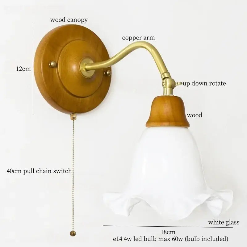 French vintage copper glass wall sconce bedroom pull chain light
