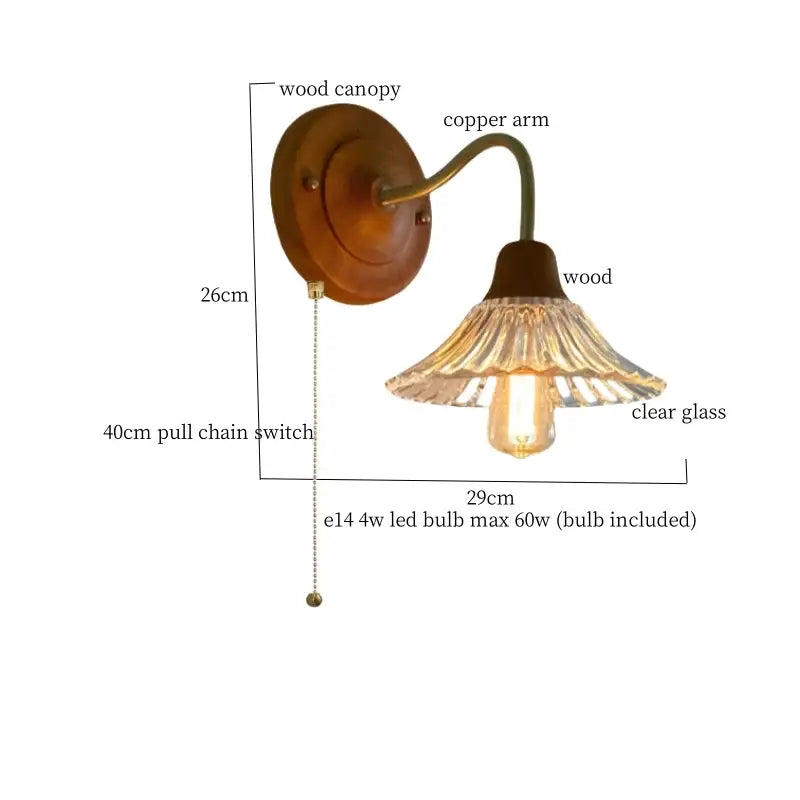 French vintage copper glass wall sconce bedroom pull chain light