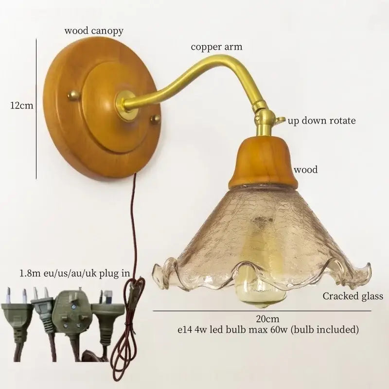 French vintage copper glass wall sconce bedroom pull chain light