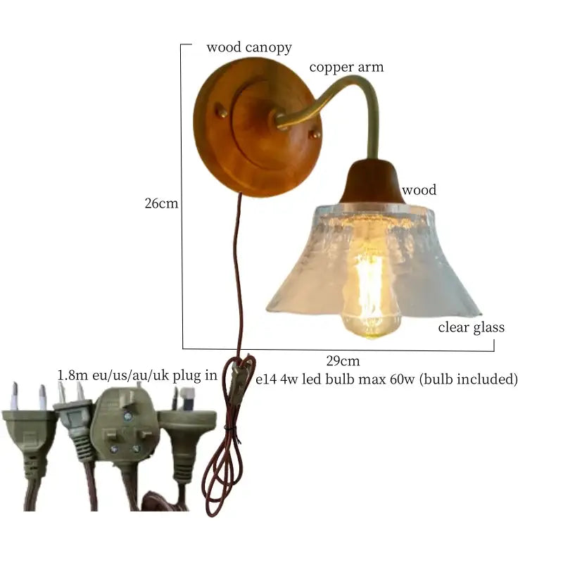 French vintage copper glass wall sconce bedroom pull chain light