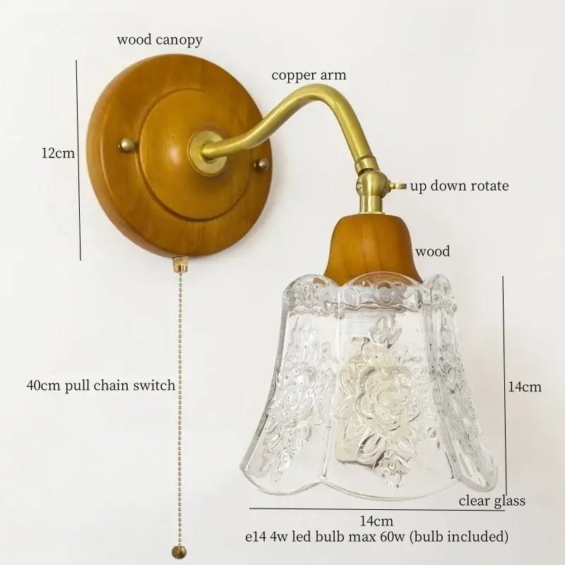 French vintage copper glass wall sconce bedroom pull chain light