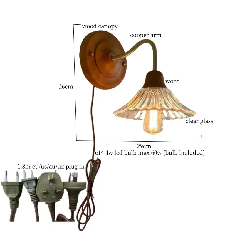 French vintage copper glass wall sconce bedroom pull chain light