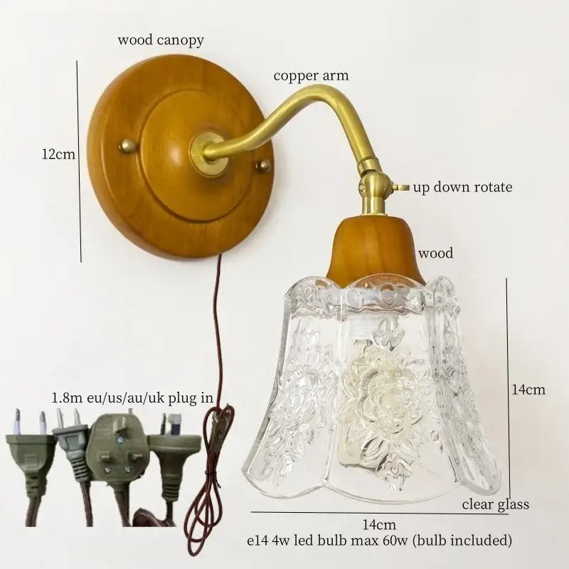 French vintage copper glass wall sconce bedroom pull chain light