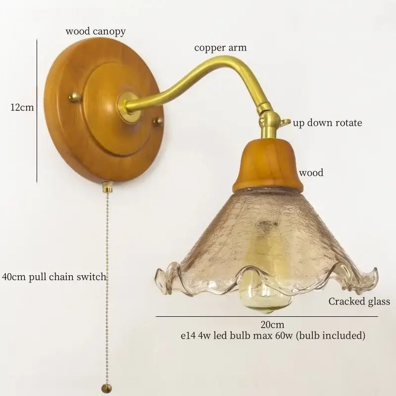 French vintage copper glass wall sconce bedroom pull chain light