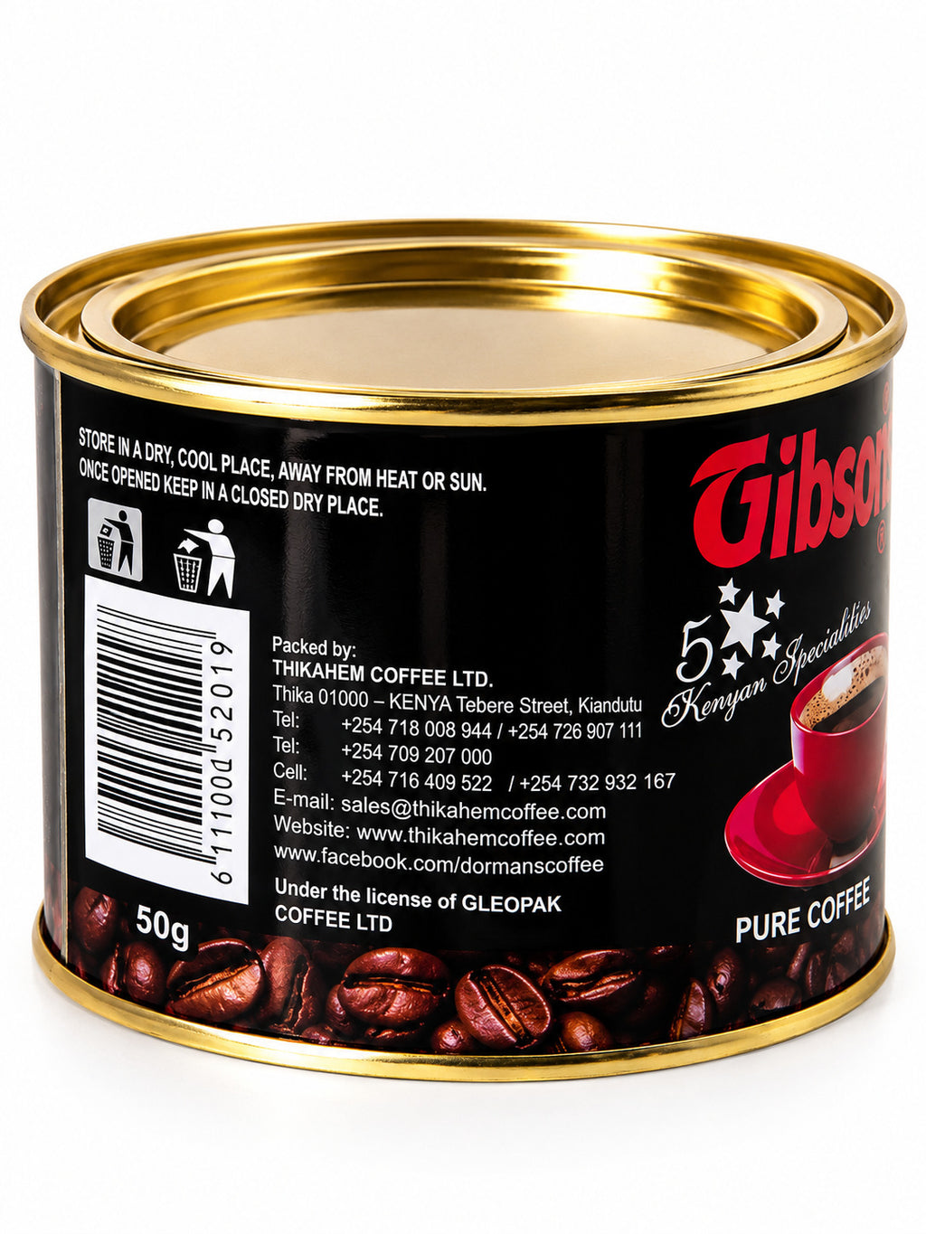 Gibsons 50g coffee tin showing the black rear label, barcode, storage details, and roasted coffee bean design