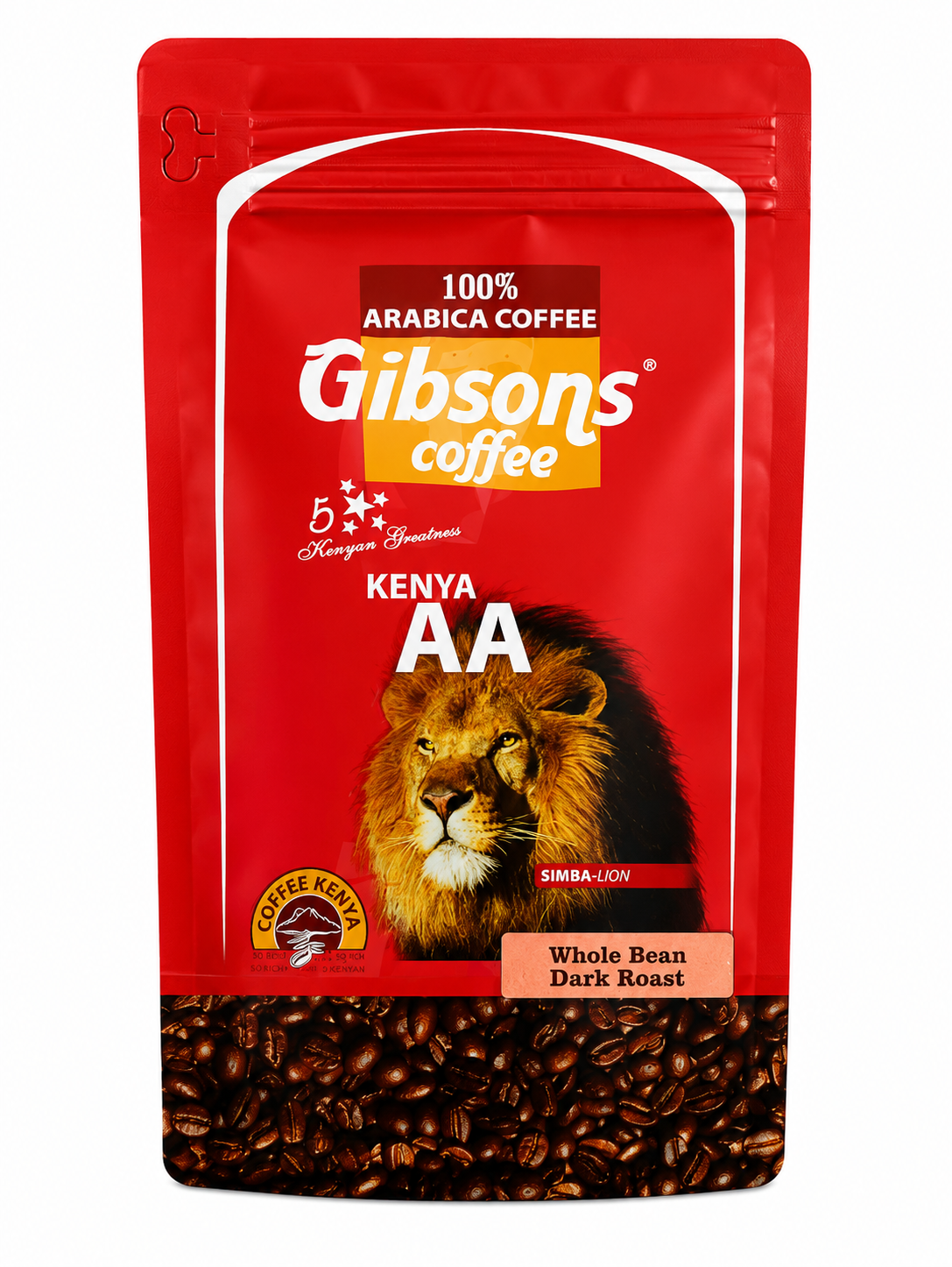 A red stand-up pouch of Gibson's Coffee Kenya AA whole bean dark roast coffee, featuring a lion graphic and a clear window at the bottom showing roasted coffee beans.