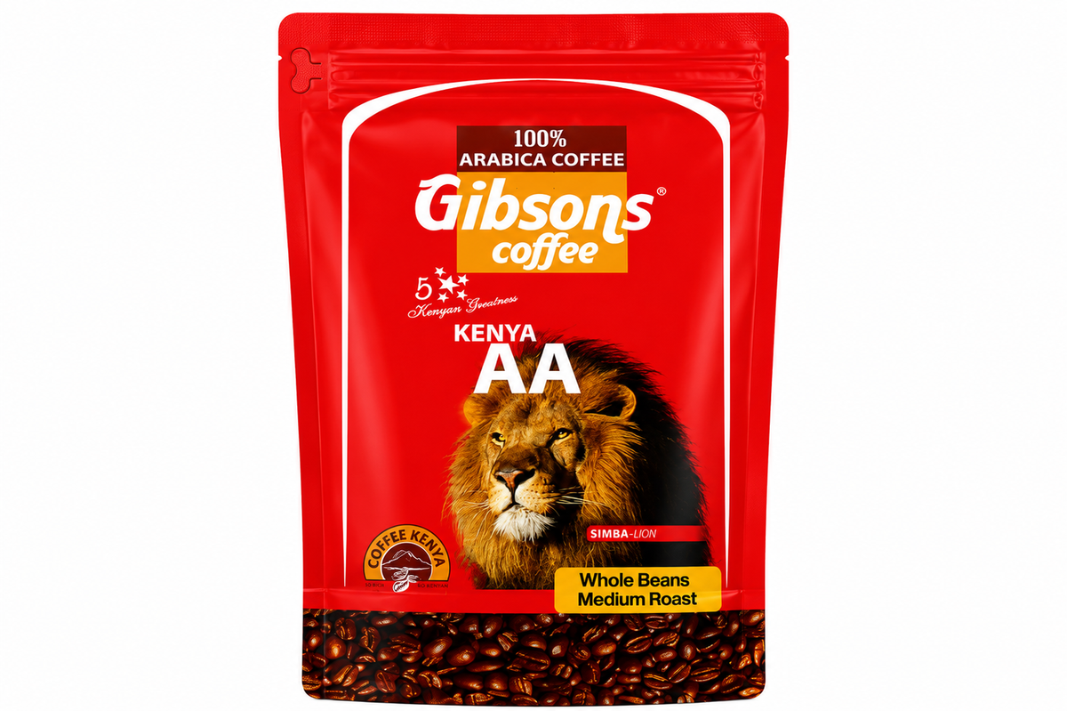 Gibsons Coffee Kenya AA Simba-Lion Whole Bean Medium Roast 400g, premium Kenyan coffee made from 100% Arabica coffee beans, available from World Safari Shops for U.S. coffee buyers. A red stand-up pouch of Gibson's Coffee Kenya AA whole beans medium roast coffee, featuring a lion graphic and coffee beans at the bottom, on a white background.