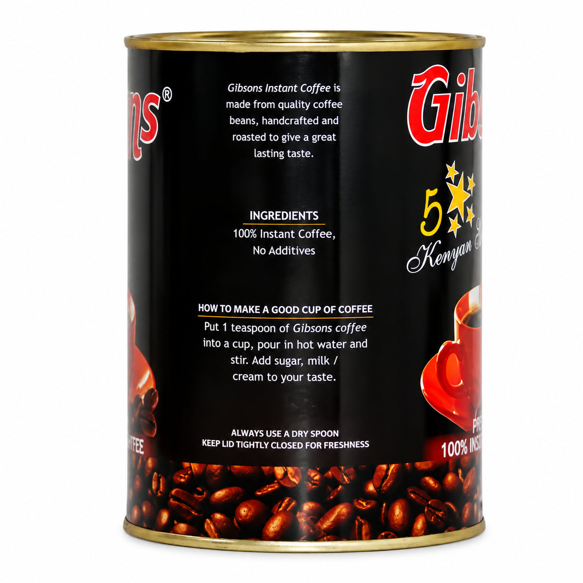 Gibsons Instant Coffee 200g Kenyan coffee tin showing 100% instant coffee ingredients, preparation instructions, roasted coffee beans, and authentic Kenyan coffee packaging for convenient everyday brewing at home or work.