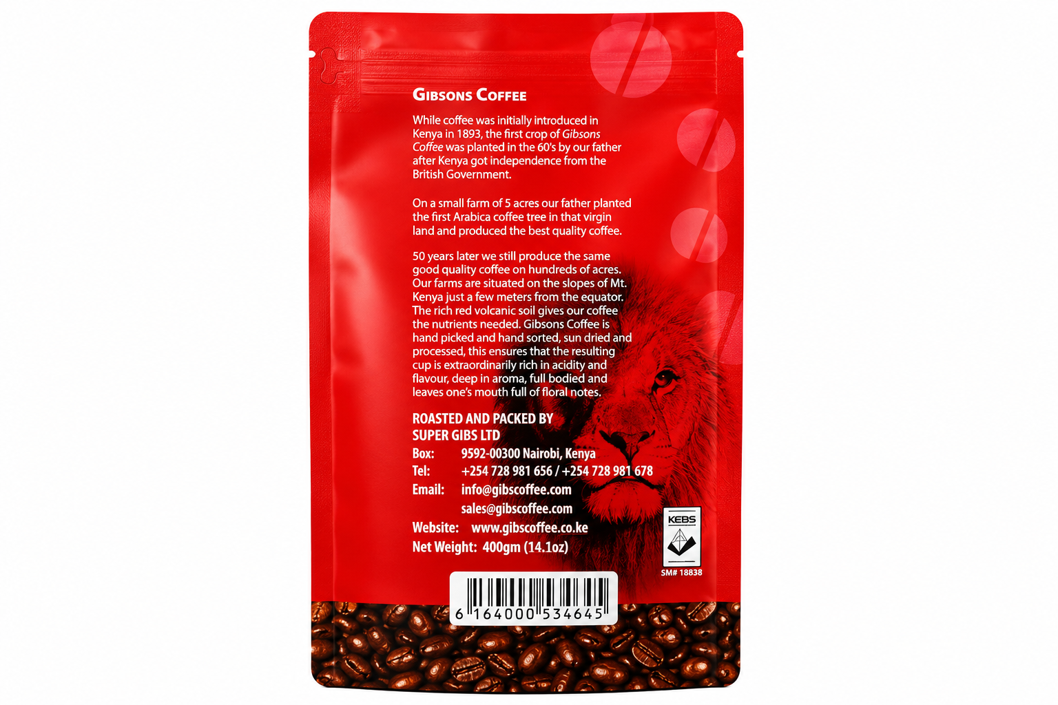 Gibsons Kenya AA Simba-Lion dark roast whole bean coffee 400g package