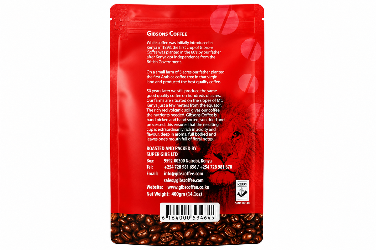 Gibsons Kenya AA whole bean coffee 400g medium roast, 100% Arabica Kenyan coffee beans from Kenya for customers shopping for premium whole bean coffee in the USA. Back view of a red stand-up pouch of Gibsons Coffee, showing product details, barcode, and coffee beans visible through the clear bottom window.