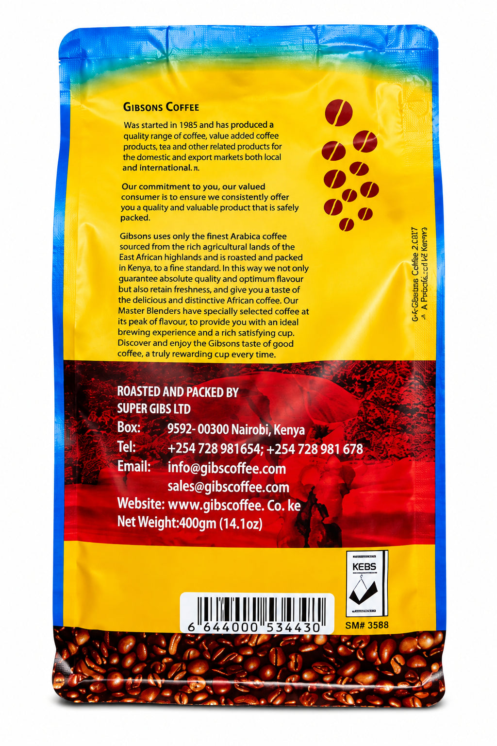 Gibsons Kenya Coffee Beans 400g dark roast whole bean gourmet coffee, made from premium Kenyan Arabica beans with bold rich flavor for espresso, drip, French press, pour-over brewing, or home.