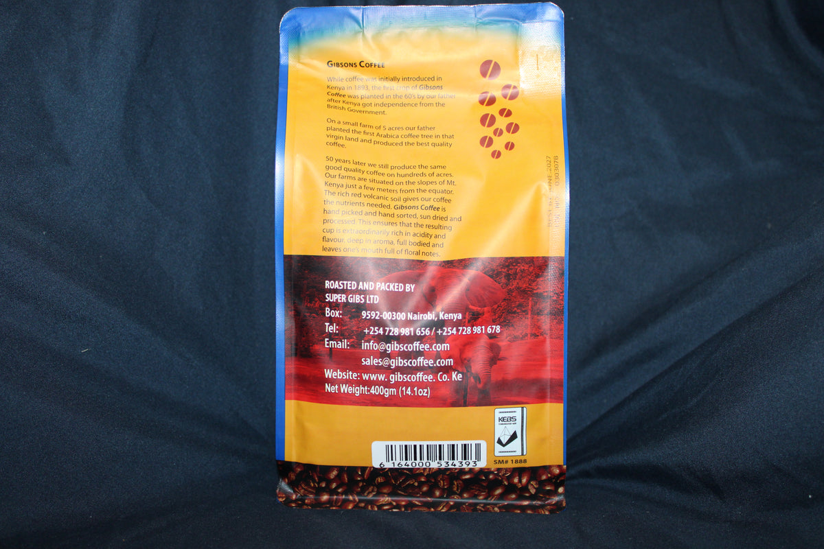 Gibsons Kenya dark roast whole bean coffee 400g, premium Kenyan Arabica beans ready for fresh grinding for espresso, drip coffee, French press and pour-over brewing