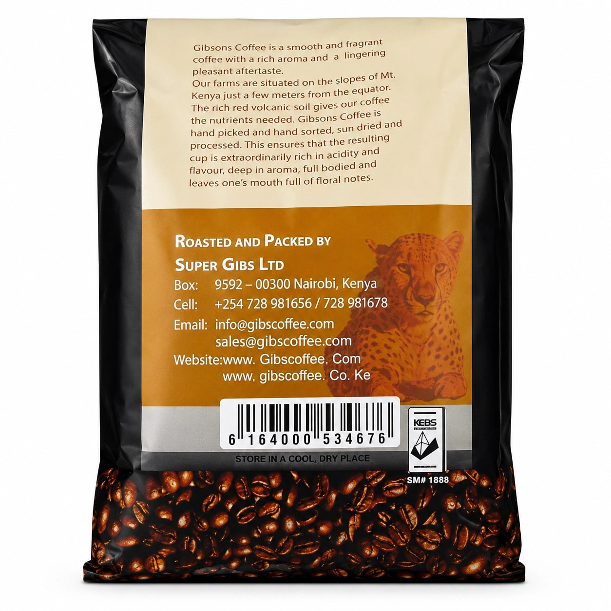 Gibsons Kenya Espresso Coffee 400g back product image from World Safari Shops showing the original black coffee pouch, Gibsons Coffee branding, Kenyan coffee information, Super Gibs Ltd roasting and packing details, Nairobi Kenya contact information, cheetah artwork, barcode, KEBS mark, storage instructions, coffee bean packaging design, and original rear label details for U.S. shoppers searching for Kenyan coffee, Arabica coffee, ground coffee, Kenya Espresso coffee, Gibsons Coffee, and best coffee