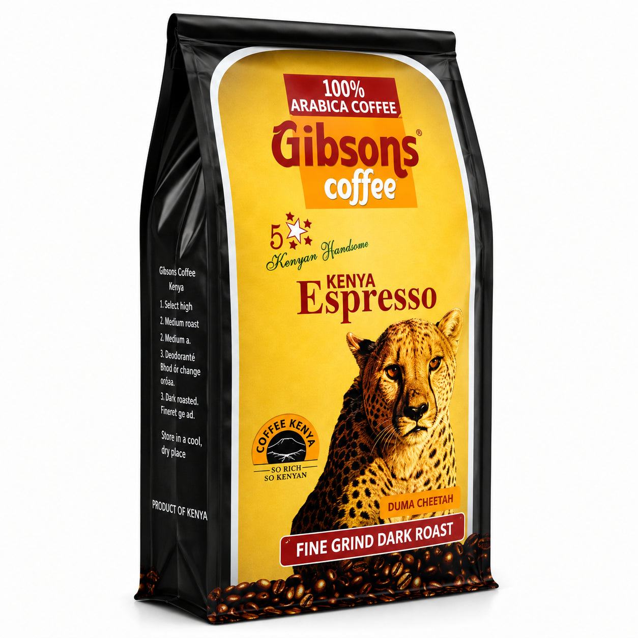 Gibsons Kenya Espresso Coffee Duma Cheetah 250g front product image from World Safari Shops, featuring 100% Arabica Kenyan coffee, fine grind dark roast coffee, yellow and black coffee packaging, Gibsons Coffee branding, Kenya Espresso label, Duma Cheetah design, Coffee Kenya emblem, cheetah artwork, coffee bean artwork, and visible side packaging, presented as a realistic 3D product image for U.S. shoppers searching for Kenyan coffee, Arabica coffee, ground coffee, dark roast coffee, fine grind coffee