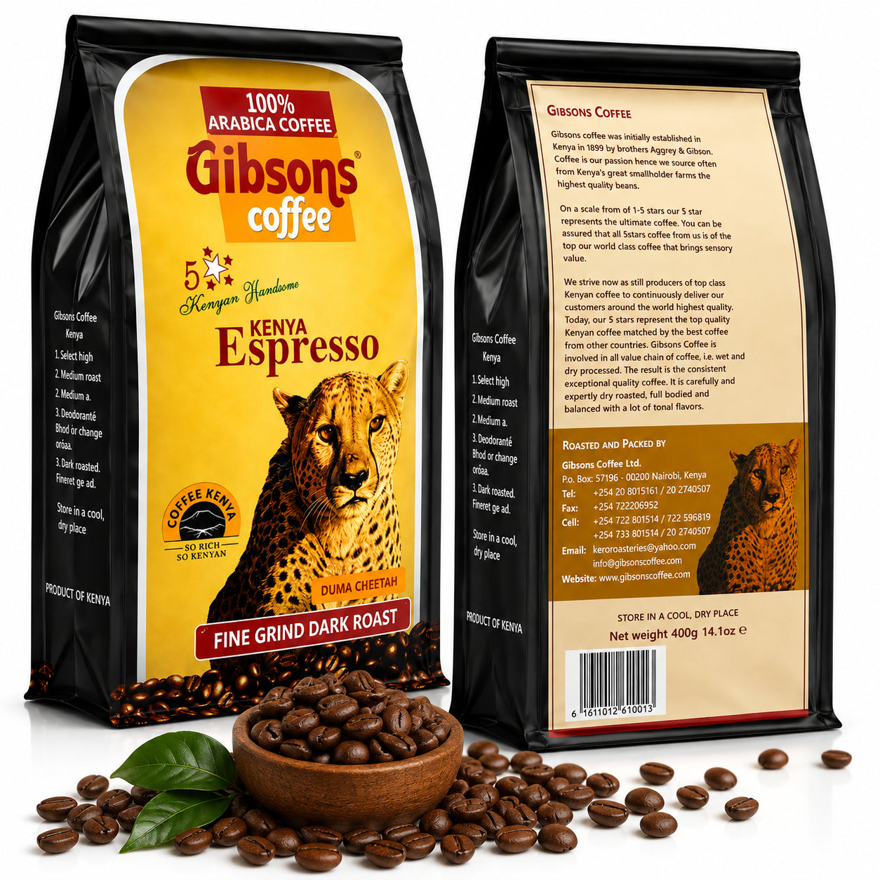 Gibsons Kenya Espresso Coffee Duma Cheetah 400g product image from World Safari Shops showing the front and back of the black coffee pouch, 100% Arabica Kenyan coffee branding, Kenya Espresso, Duma Cheetah design, Fine Grind Dark Roast, Gibsons Coffee branding, Product of Kenya details, 400g net weight, and roasted coffee beans displayed beside the packaging for U.S. shoppers searching for Kenyan coffee, Arabica coffee, ground coffee, dark roast coffee, fine grind coffee, Kenya Espresso coffee, and Gibsons 