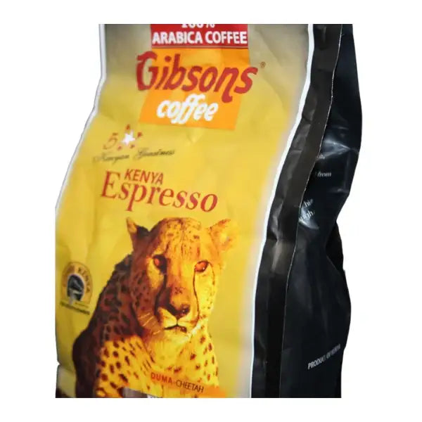 Gibsons Coffee Kenya Espresso Fine Grind Dark Roast 400g - World Safari Shops. Gibsons Kenya Espresso Fine Grind Coffee 400g, authentic Kenyan specialty coffee with a bold dark roast profile, full-bodied taste, rich crema, and smooth chocolatey finish.