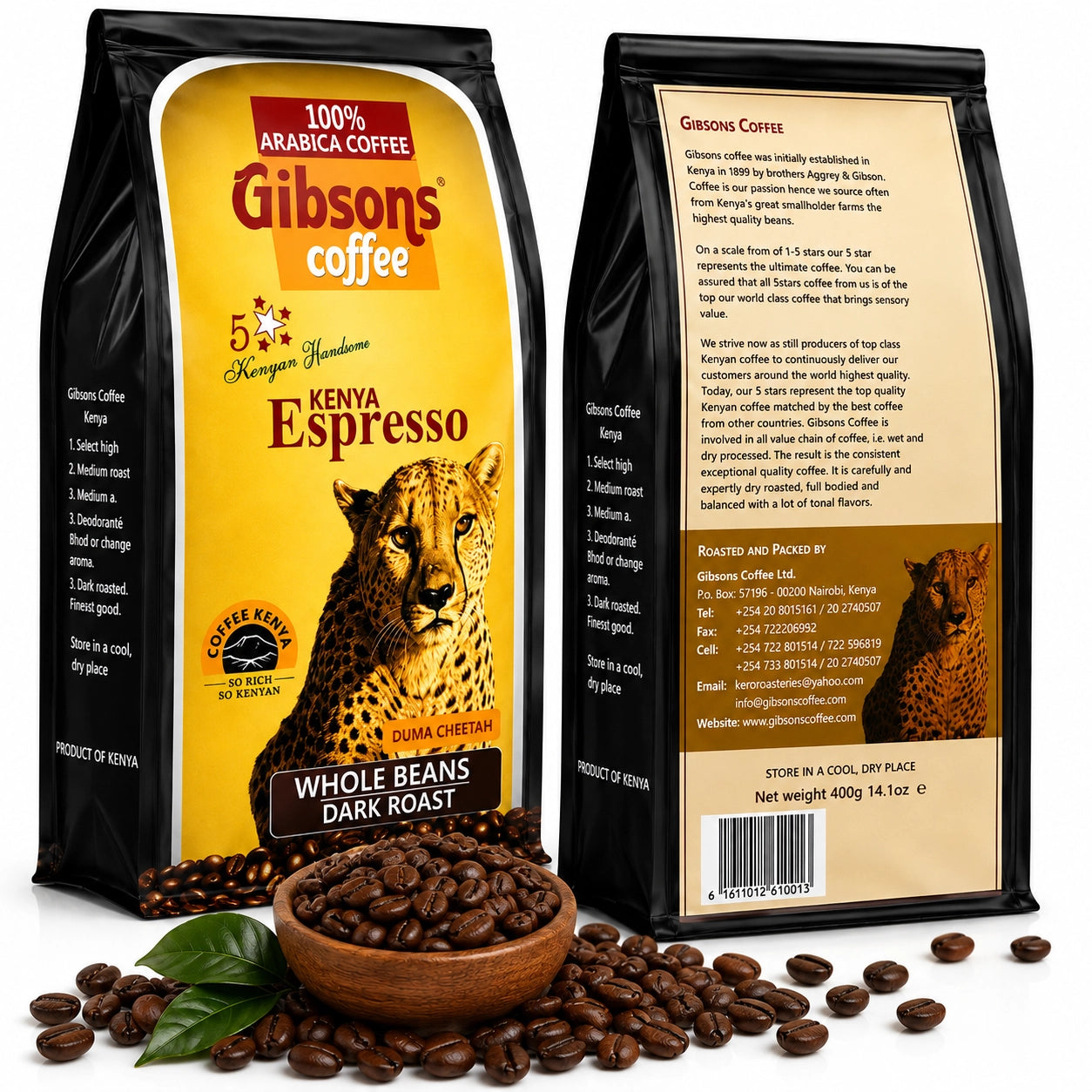 Gibsons Kenya Espresso Whole Beans Dark Roast 400g coffee, 100% Arabica Kenyan coffee beans in black packaging with cheetah design, shown front and back, available from World Safari Shops.