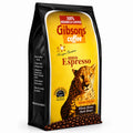 Gibsons Kenya Espresso Coffee Duma Cheetah front product image showing the original black coffee pouch with yellow Kenya Espresso packaging, 100% Arabica Coffee branding, Gibsons Coffee logo, Kenyan Handsome design, cheetah artwork, Coffee Kenya emblem, visible product labeling, Fine Grind Dark Roast wording, coffee bean artwork, and the original black side panel in a clean realistic three-dimensional studio presentation.