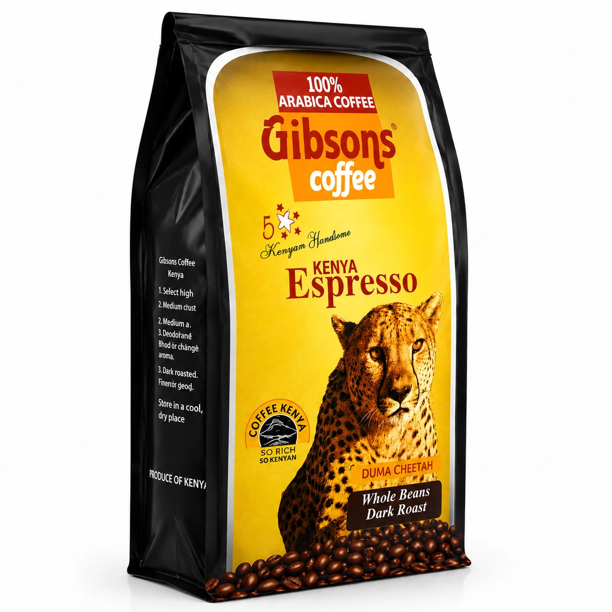 Gibsons Kenya Espresso Coffee Duma Cheetah front product image showing the original black coffee pouch with yellow Kenya Espresso packaging, 100% Arabica Coffee branding, Gibsons Coffee logo, Kenyan Handsome design, cheetah artwork, Coffee Kenya emblem, visible product labeling, Fine Grind Dark Roast wording, coffee bean artwork, and the original black side panel in a clean realistic three-dimensional studio presentation.