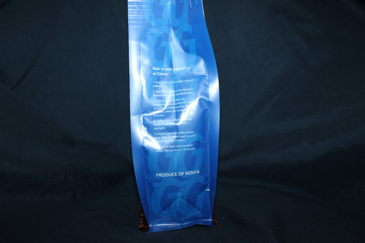 Gibsons Kenya Gourmet Coffee 400g whole beans, medium roast Kenyan Arabica coffee with bright fruity notes, rich aroma, smooth body, and balanced flavor for fresh brewing.