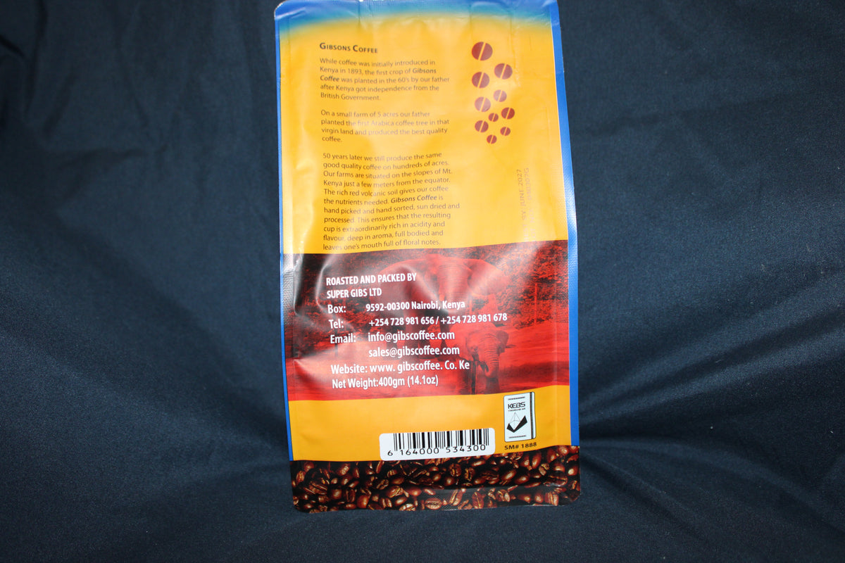 Gibsons Kenya Gourmet ground coffee 400g medium roast and medium grind, authentic Kenyan Arabica coffee with vibrant flavor, sweet aftertaste and smooth finish for U.S. coffee buyers