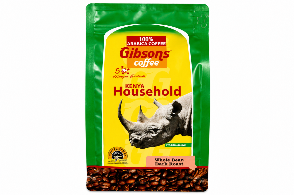 A 120g bag of Gibson's Coffee Kenya Household Whole Bean Dark Roast on a plain white background. The packaging features a bright green top and bottom border with a large yellow center panel displaying the red and white Gibson's Coffee logo and an illustration of a rhinoceros. Gibsons Kenya Whole Bean Coffee 400g Dark Roast, Kenya Household blend made from 100% Arabica Kenyan coffee beans