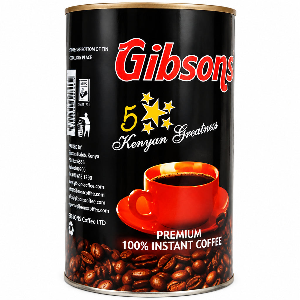Gibsons Premium 100% Instant Coffee 250g, Kenyan coffee in a convenient tin with rich coffee flavor, ideal for quick morning brewing at home, work, or office and everyday coffee breaks.