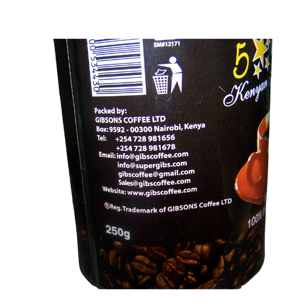 Gibsons Premium 100% Instant Coffee 250g product information panel