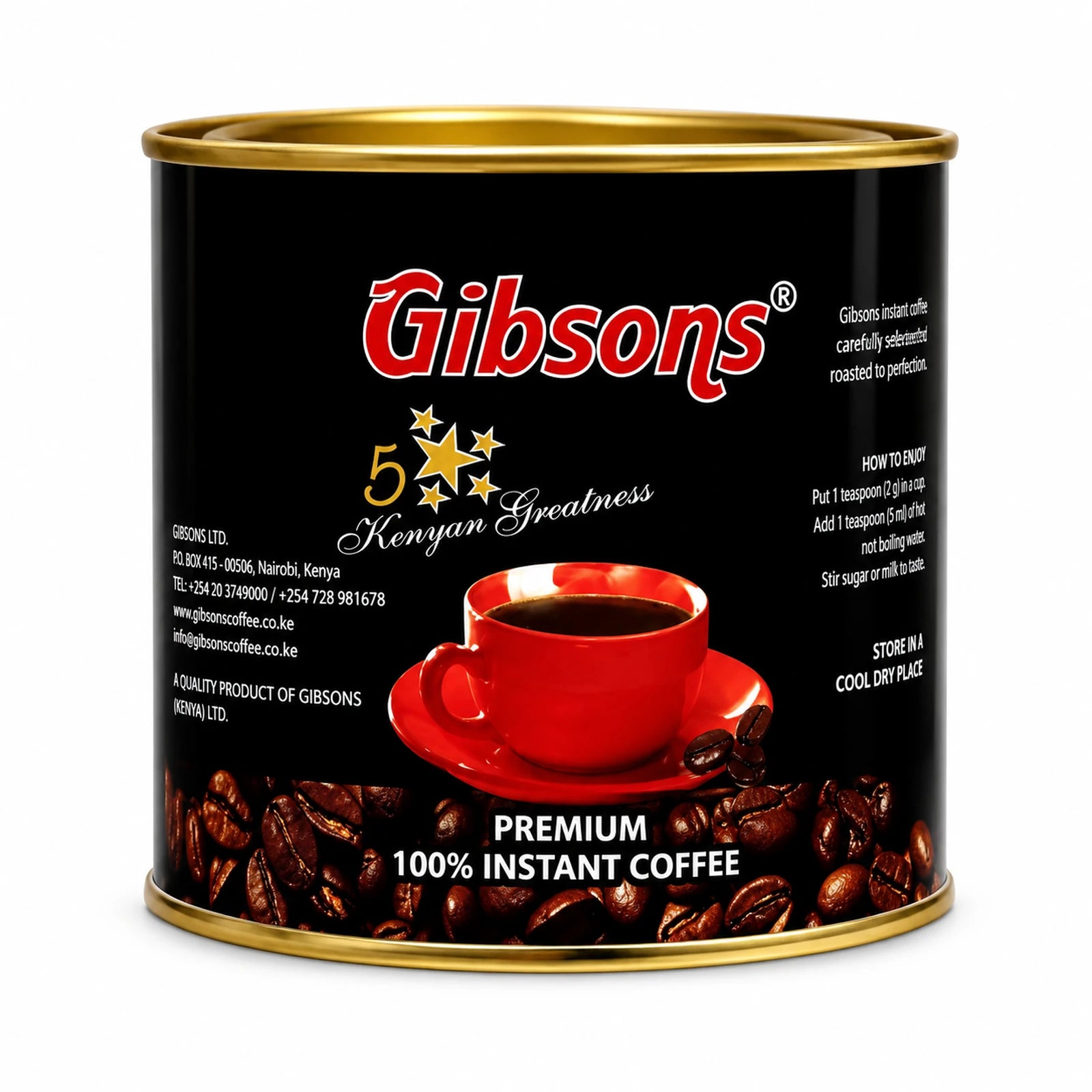 Gibsons Premium 100% Instant Coffee canister featuring the black and gold Gibson's packaging, Kenyan Greatness branding, red coffee cup graphic, roasted coffee beans, and premium instant coffee labeling, presented upright on a clean white background. The product image clearly shows the cylindrical coffee tin, gold rim, black label, red Gibsons logo, five-star Kenyan Greatness design, coffee cup illustration, and 100% instant coffee wording for an accurate Shopify product listing and accessible Google Images