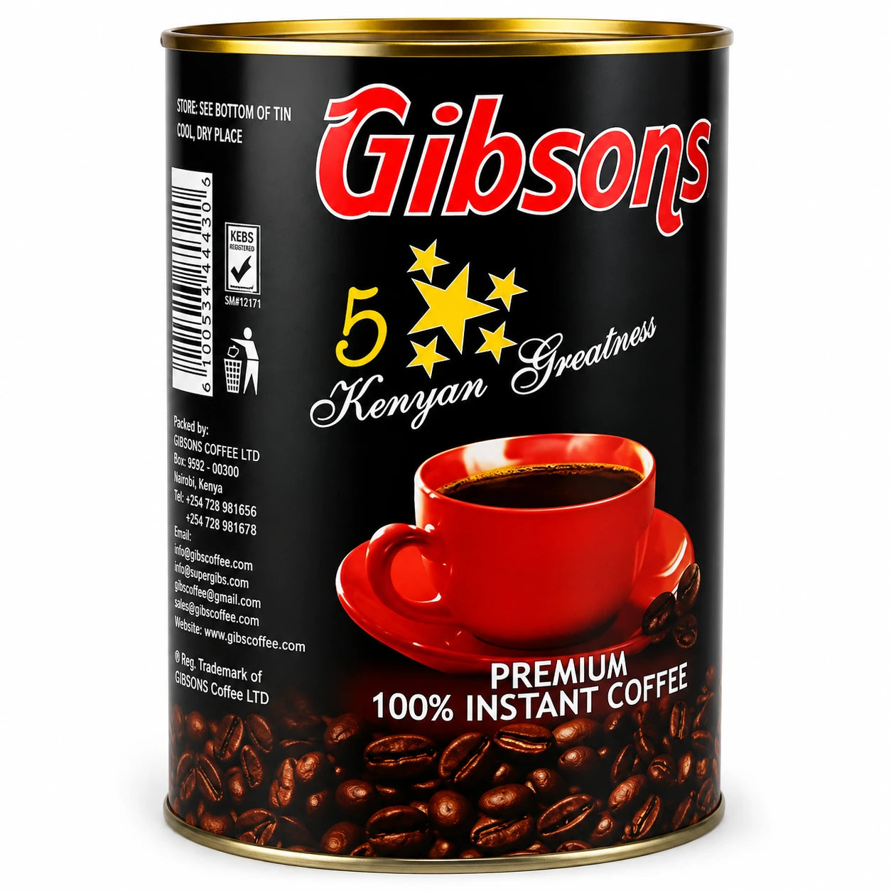 Kenya Highlands Pure Instant Coffee 250g tin featuring bright sky-blue packaging, green Kenya Highlands lettering, red Pure Instant Coffee text, Kenyan flag, KEBS mark, barcode, green highland landscape, white coffee cup and saucer, roasted coffee beans, and metallic silver rims, displayed upright against a clean white background for Shopify product photography and Google Images. 