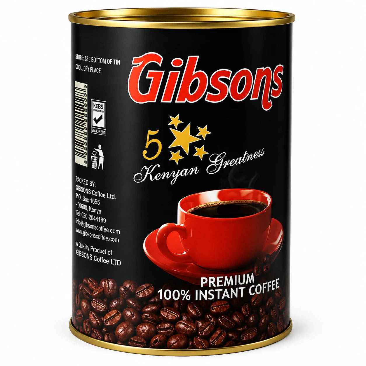 Gibsons Premium 100% Instant Coffee 250g tin featuring glossy black packaging, bold red Gibsons branding, gold five-star Kenyan Greatness design, red coffee cup and saucer, roasted coffee beans, gold metallic rims, KEBS mark, barcode, storage information, and Gibson Coffee Ltd. packaging details, displayed upright against a clean white studio background for Shopify product photography and Google Images. 