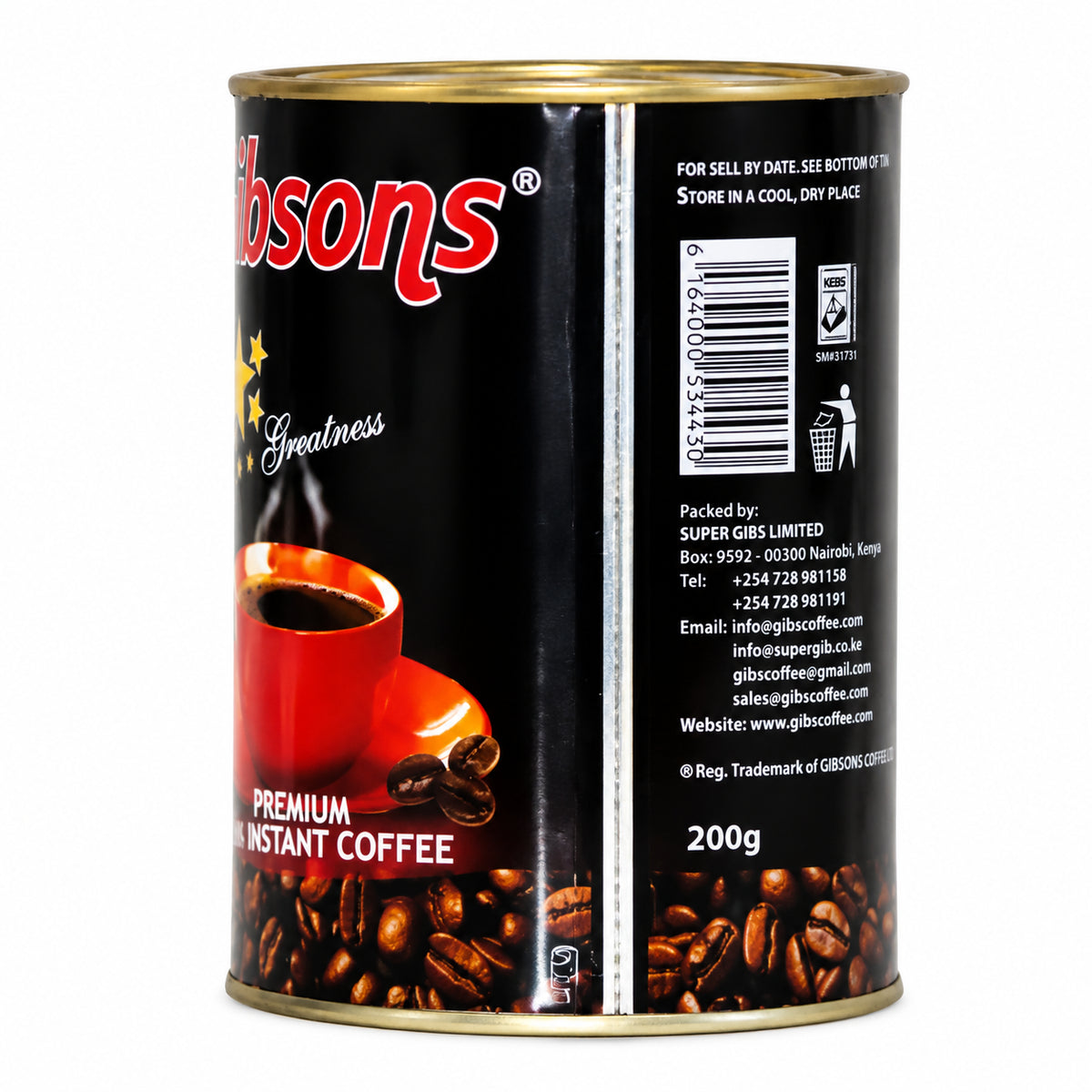 Gibsons Premium Instant Coffee 200g Kenyan coffee tin showing the coffee cup, roasted coffee beans, barcode and product information panel for convenient everyday coffee preparation at home or work.