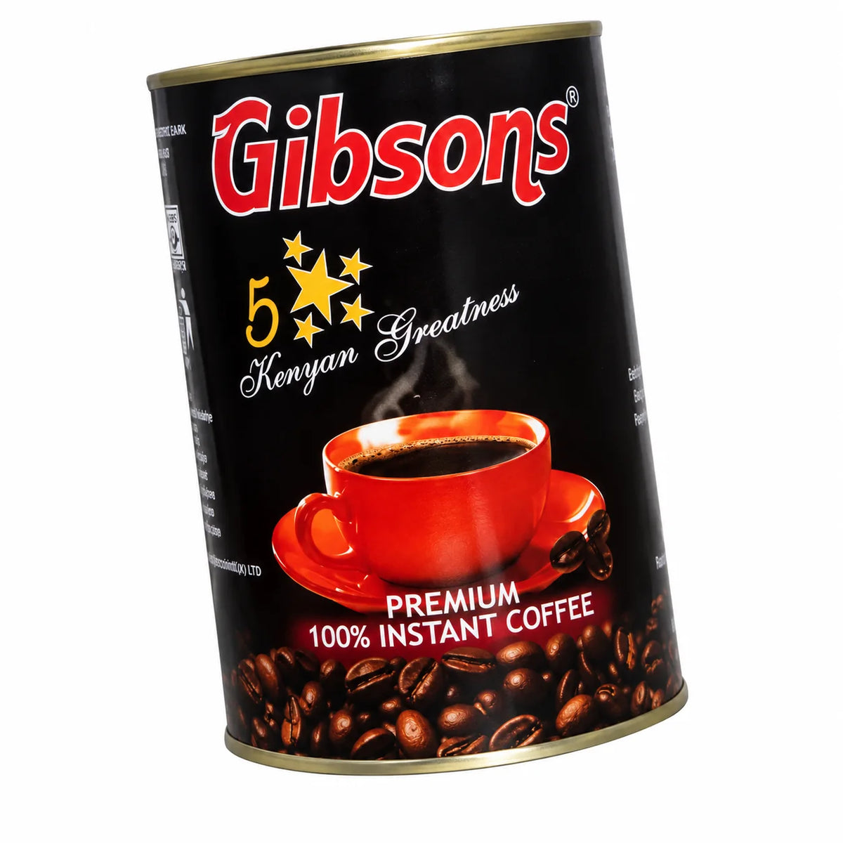 Gibsons Premium 100% Instant Coffee 200g package presented at its original tilted angle, featuring black Kenyan Greatness branding, red coffee cup, roasted coffee beans, and gold trim for US shoppers seeking authentic Kenyan instant coffee for home, office, and travel.