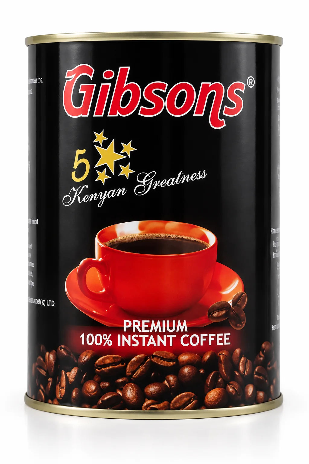 Gibsons Premium 100% Instant Coffee tin displayed in a polished studio view with black packaging, red cup, Kenyan Greatness emblem, roasted coffee beans, and bold branding for US shoppers seeking authentic Kenyan instant coffee and convenient everyday brewing at home.