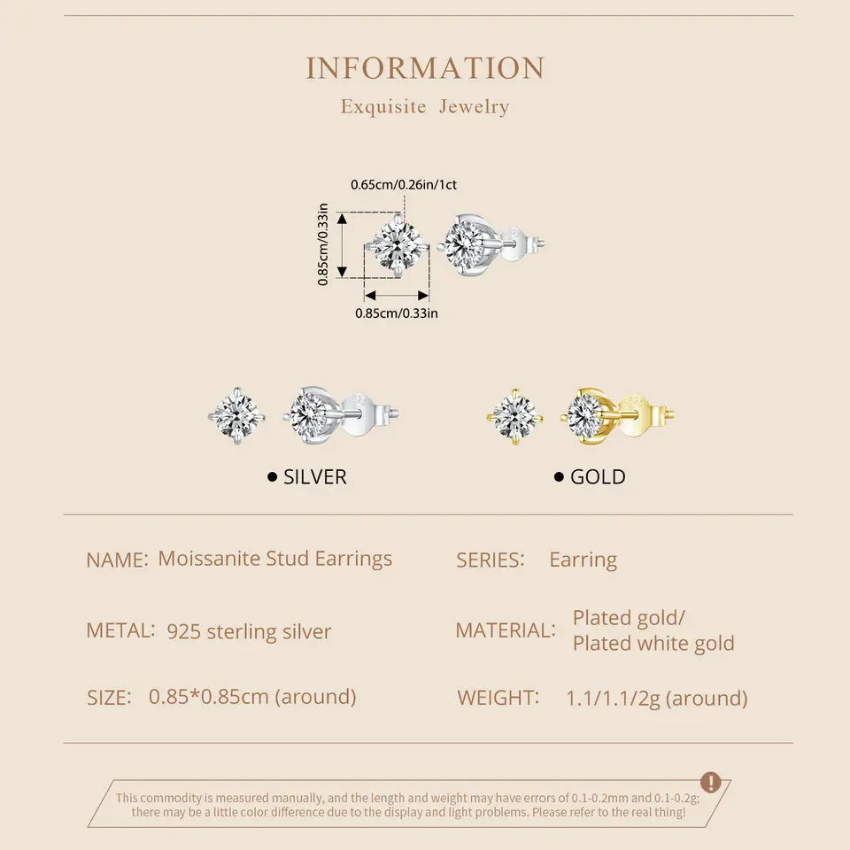 Round Moissanite Four-Prong Stud Earrings in Sterling Silver