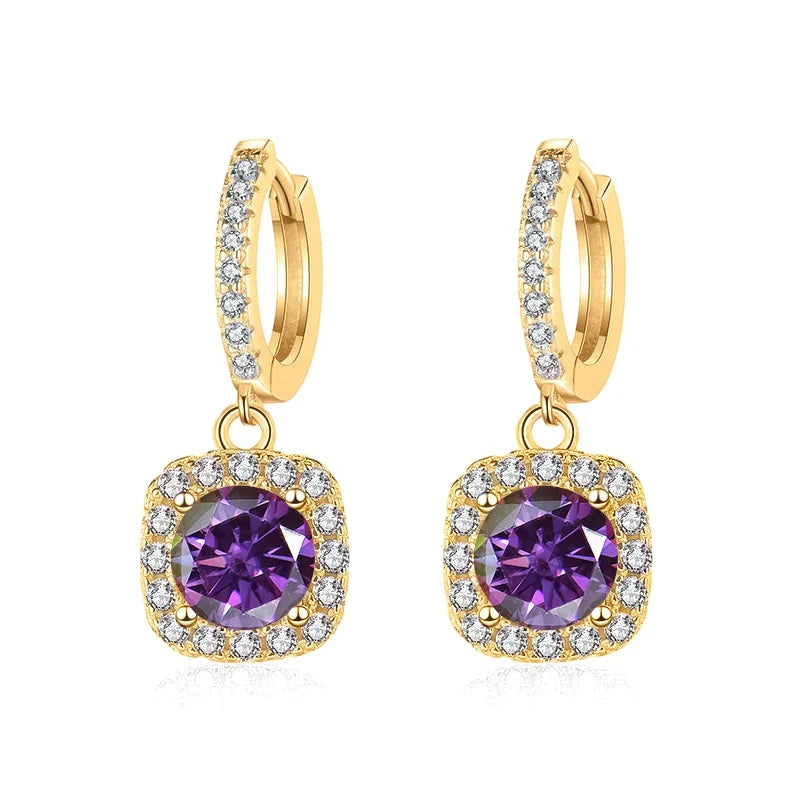 Colored Moissanite Cushion Halo Drop Hoop Earrings