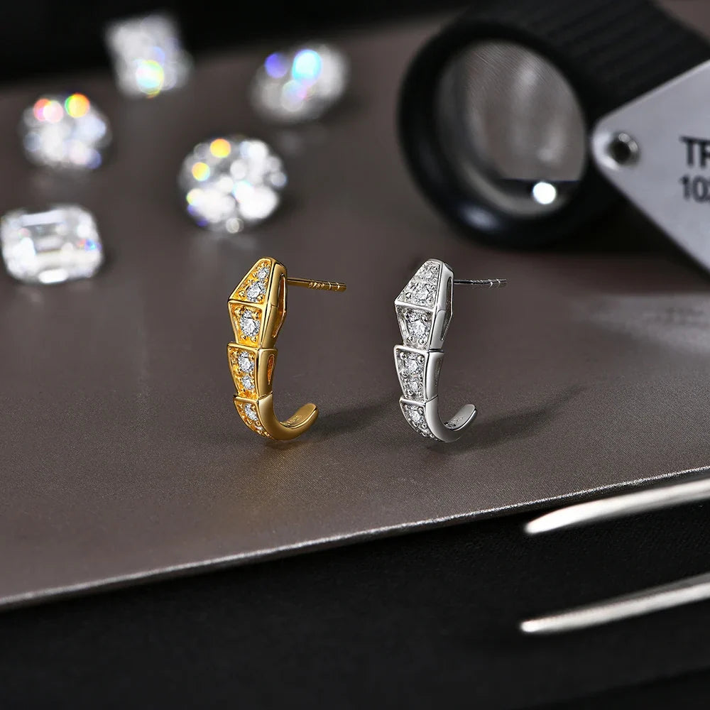 Moissanite Geometric J-Hoop Earrings in Sterling Silver