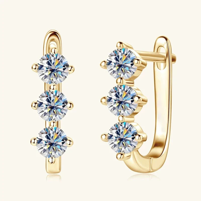 Three-Stone Moissanite Leverback Hoop Earrings in Sterling Silver