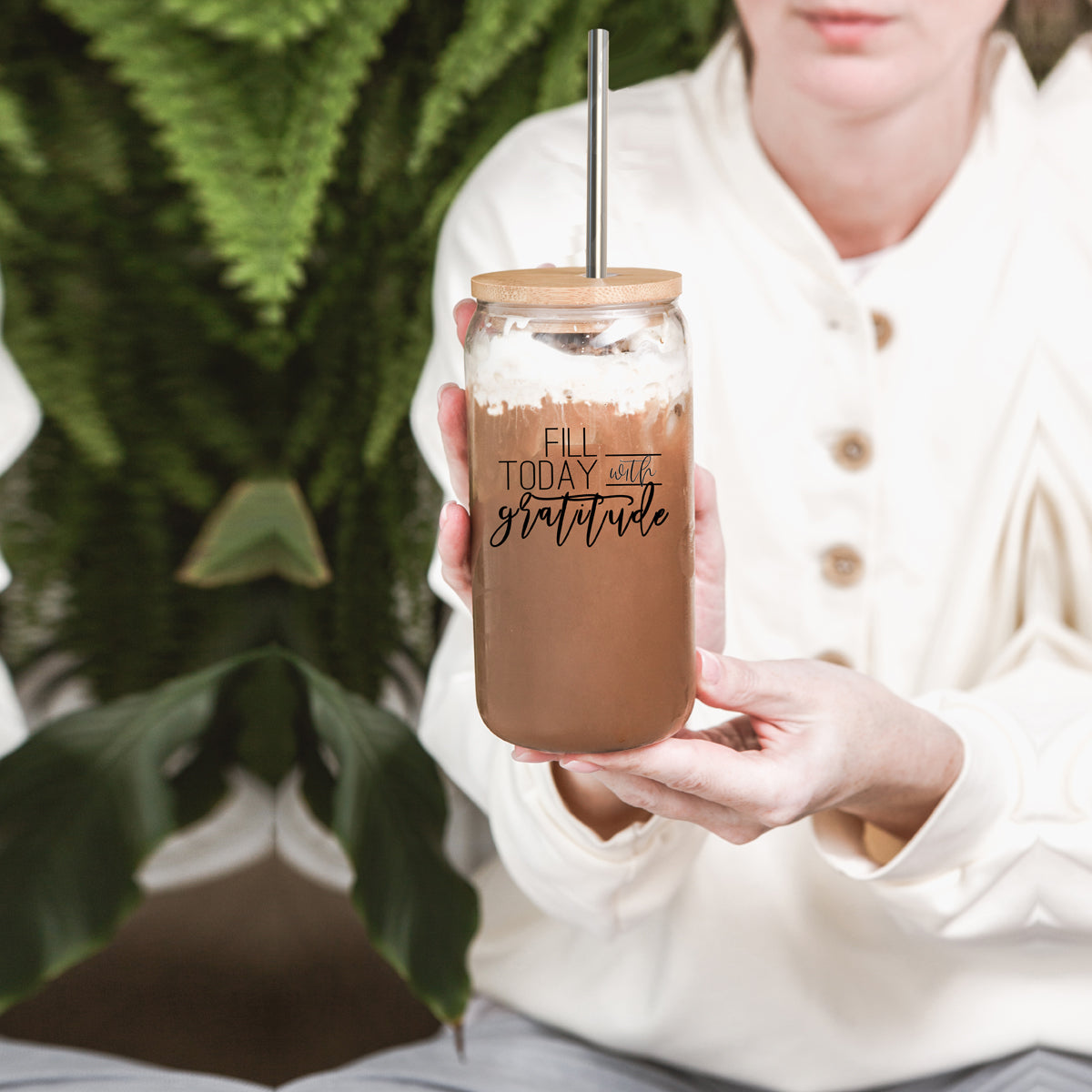 Gratitude 17oz Glass Tumbler With Bamboo Lid And Straw - Reusable Drinkware