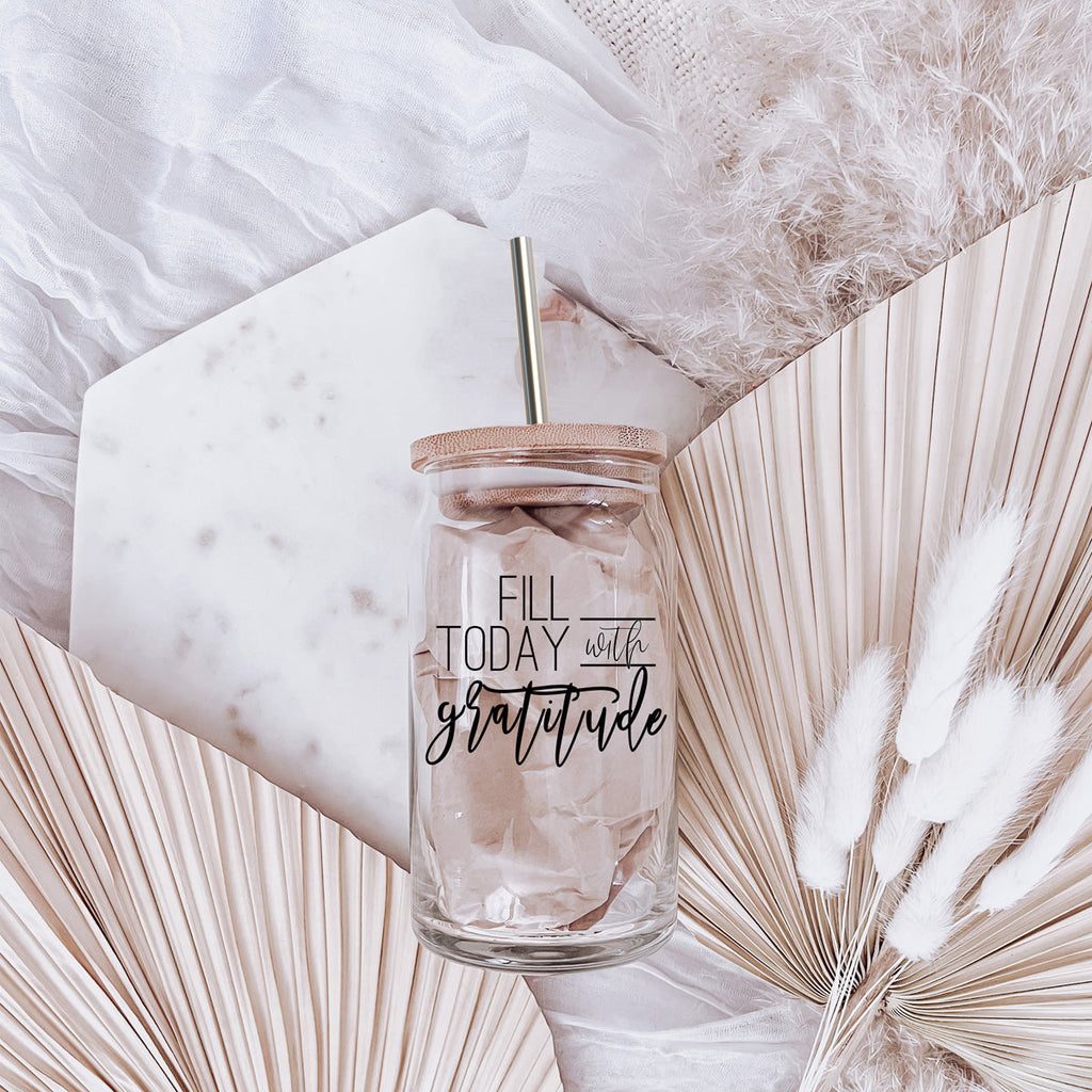 Gratitude 17oz Glass Tumbler With Bamboo Lid And Straw - Reusable Drinkware