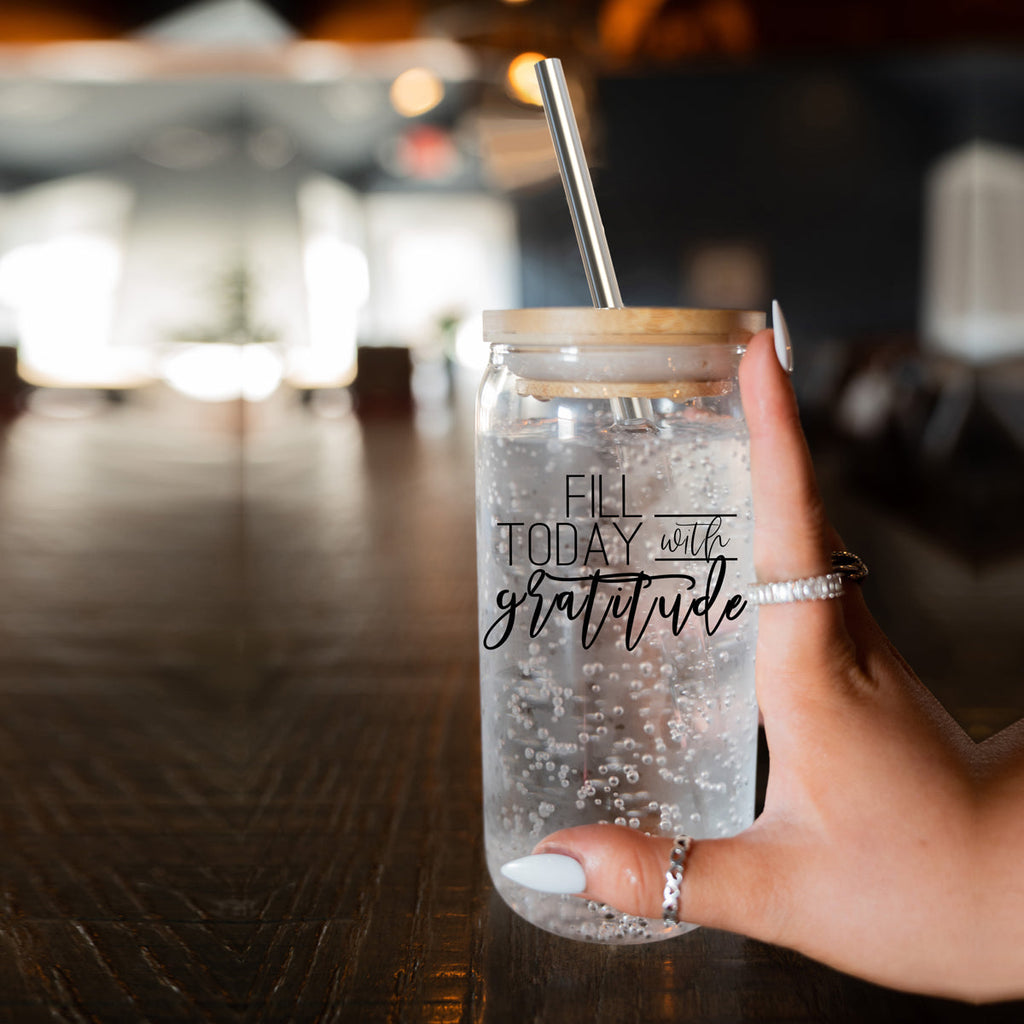 Gratitude 17oz Glass Tumbler With Bamboo Lid And Straw - Reusable Drinkware