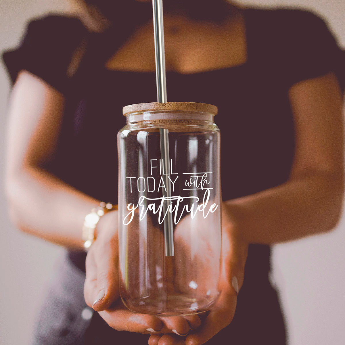 Gratitude 17oz Glass Tumbler With Bamboo Lid And Straw - Reusable Drinkware