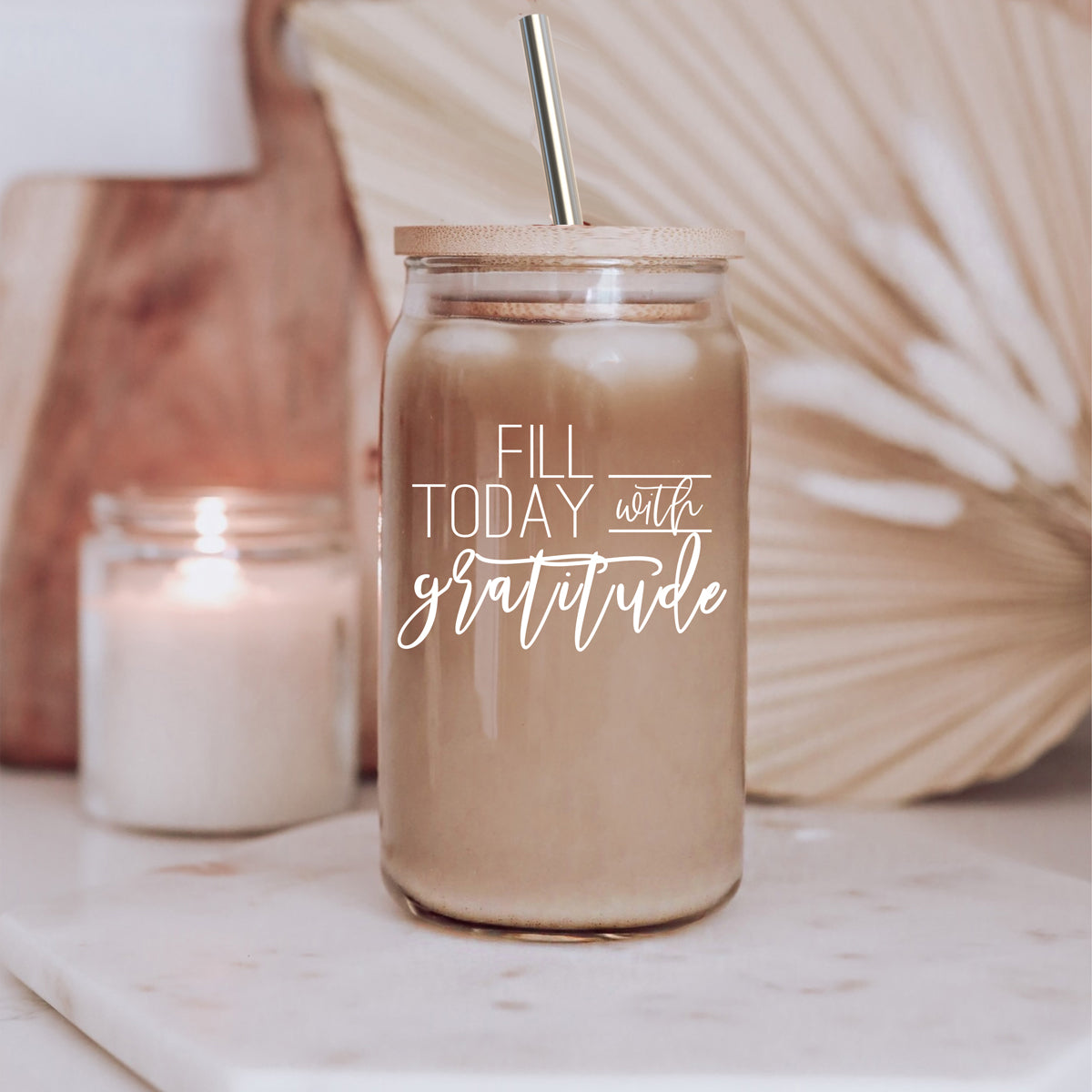 Gratitude 17oz Glass Tumbler With Bamboo Lid And Straw - Reusable Drinkware