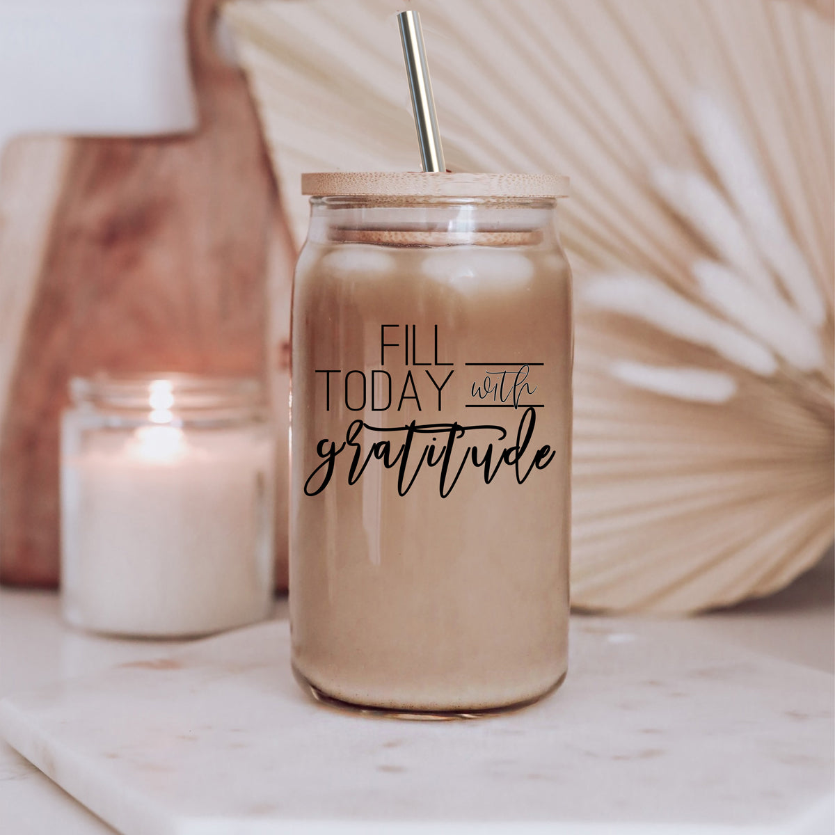Gratitude 17oz Glass Tumbler With Bamboo Lid And Straw - Reusable Drinkware