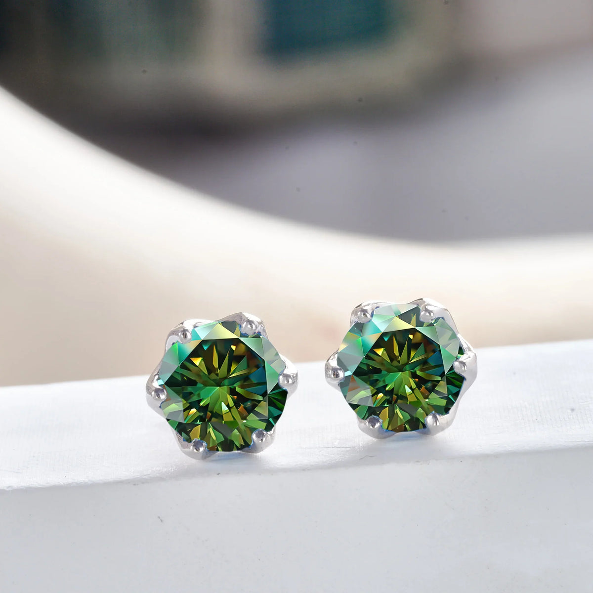 Colored Crown-Basket Moissanite Stud Earrings in Sterling Silver