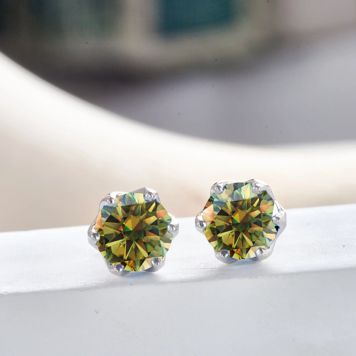 Colored Crown-Basket Moissanite Stud Earrings in Sterling Silver
