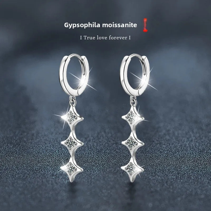 Moissanite Leaf, Star & Bezel Drop Earrings in Sterling Silver