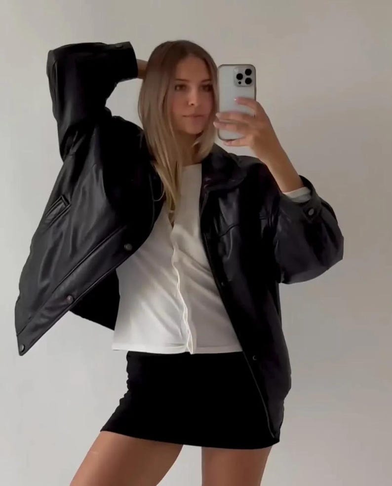 90's Women Handmade Black Oversize Leather Jacket, Women Casual Wear Genuine Leather Jacket, Outerwear Gift For Ladies Soft Leather Jacket.