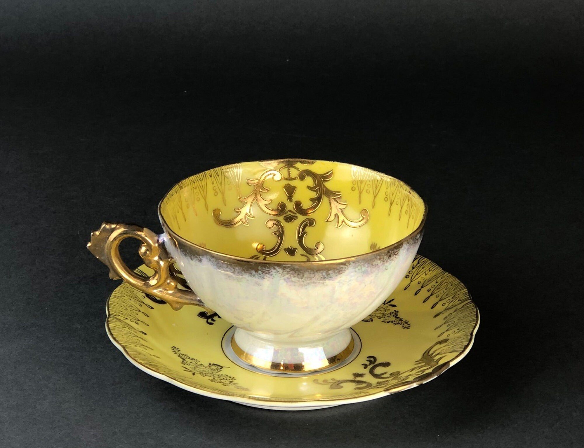 Vintage Royal Sealy Japan Lusterware Teacup and Saucer - Yellow & Gold Iridescent MCM
